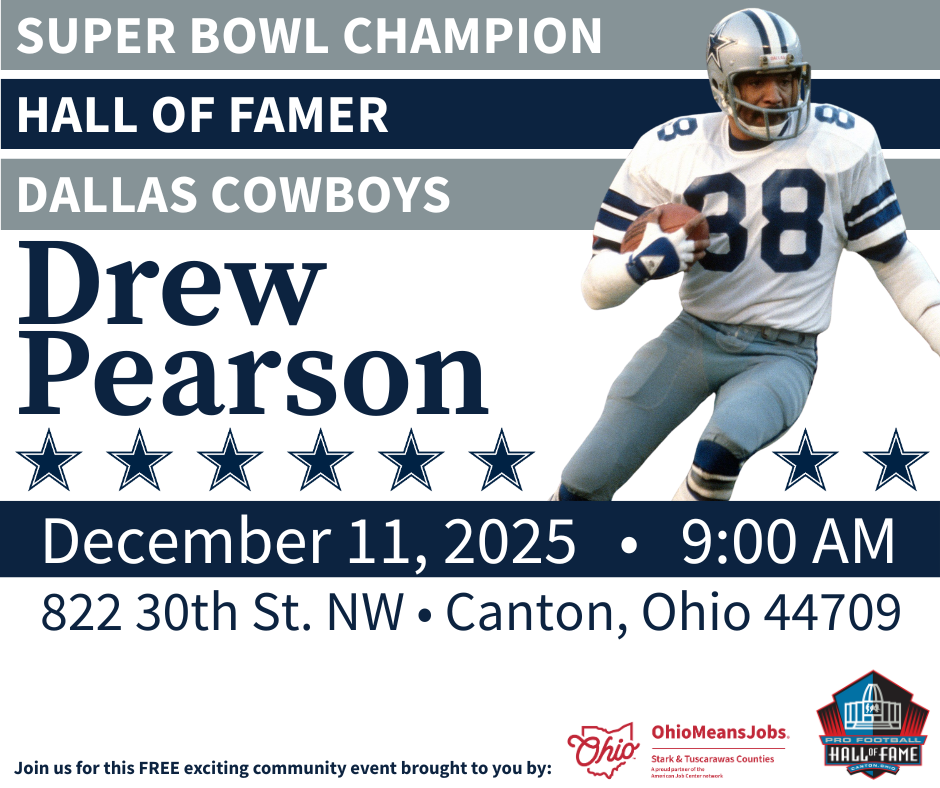 Join NFL Hall of Famer Drew Pearson at OhioMeansJobs Stark & Tuscarawas Counties on Dec 11 for a free talk, Q&A, and community engagement.