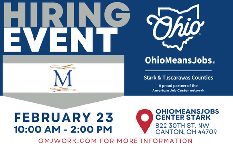 Milhoan Asphalt Maintenance hiring event at OhioMeansJobs Stark in Canton, Ohio on February 23, 2026 from 10:00 AM to 2:00 PM featuring on-the-spot interviews for Asphalt Paver Operators, Heavy Equipment Mechanics, and Line Striping Laborers.