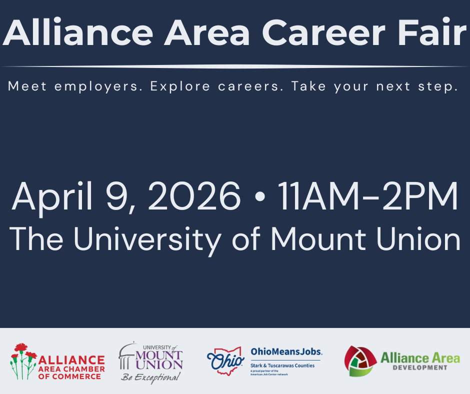 Graphic promoting the Alliance Area Career Fair featuring event details including date, time, location at the McPherson Academic and Athletic Complex at the University of Mount Union, with information about employers, job opportunities, and partner hosts.