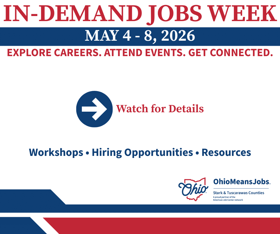 In-Demand Jobs Week promotional graphic highlighting career exploration events, employer connections, and in-demand industries across Ohio.