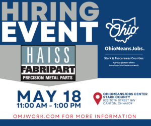 Hiring event at OhioMeansJobs with on-the-spot interviews for multiple open positions on May 18, 2026 from 11:00 am to 1:00 pm.
