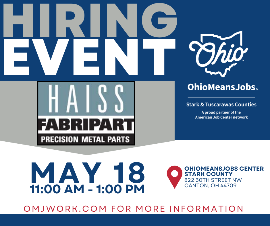 Hiring event at OhioMeansJobs with on-the-spot interviews for multiple open positions on May 18, 2026 from 11:00 am to 1:00 pm.