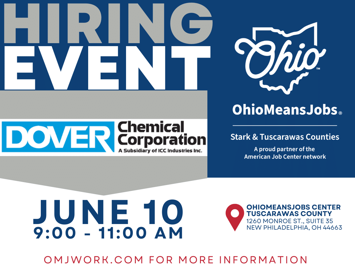 Hiring event at OhioMeansJobs Tuscarawas County Office with on-the-spot interviews for multiple open positions on June 10 from 9-11:00 AM