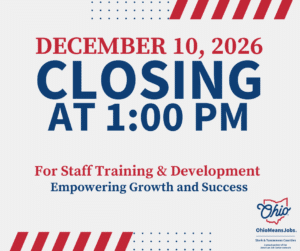 Graphic displaying “Closed for Staff Development” with messaging that the office is temporarily closed for team training and will reopen during regular business hours.