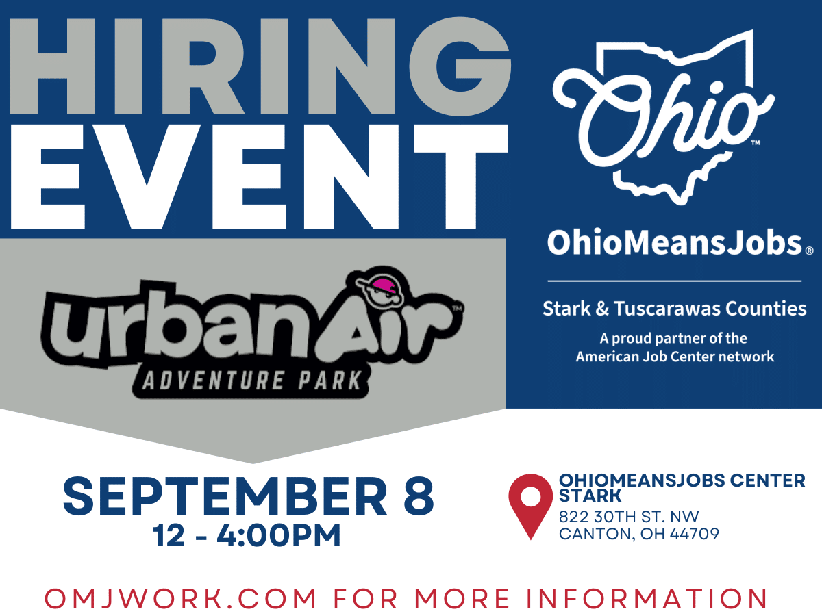 Hiring event at OhioMeansJobs with on-the-spot interviews for multiple open positions on September 8, 2026 from 12-4 PM.